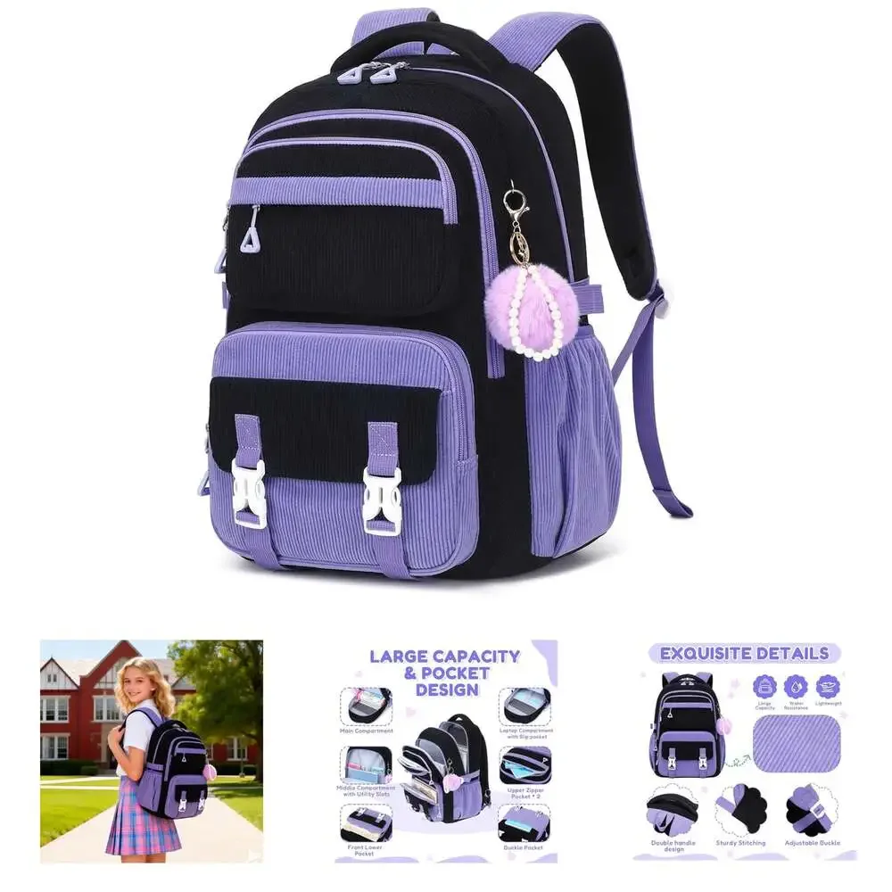 Kids Backpack Corduroy School Bag for Girls Bookbag Laptop Travel Daypack Purple